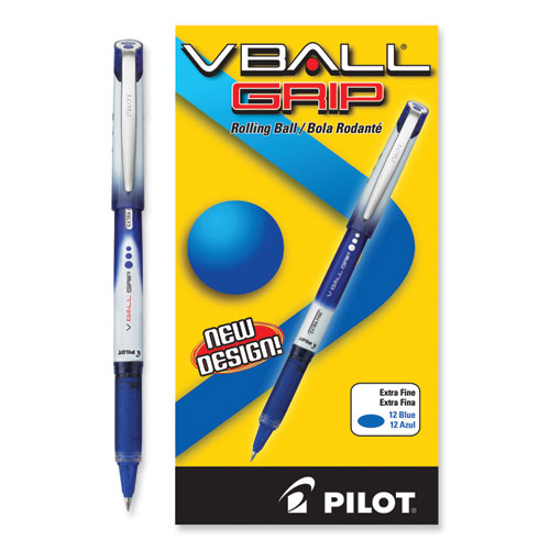 Picture of VBall Grip Liquid Ink Roller Ball Pen, Stick, Extra-Fine 0.5 mm, Blue Ink, Blue/White Barrel, Dozen