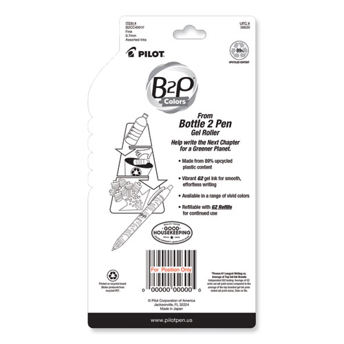 Picture of B2P Bottle-2-Pen Recycled Gel Pen, Retractable, Fine 0.7 mm, Assorted Ink and Barrel Colors, 4/Pack