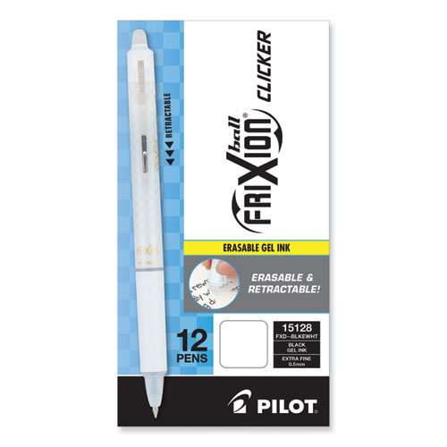 Picture of FriXion Clicker Design Erasable Gel Pen, Retractable, Extra-Fine 0.5 mm, Black Ink, White Barrel, Dozen