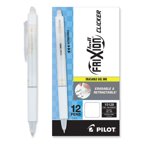 Picture of FriXion Clicker Design Erasable Gel Pen, Retractable, Extra-Fine 0.5 mm, Black Ink, White Barrel, Dozen