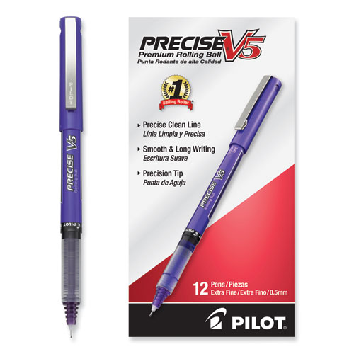 Picture of Precise V5 Roller Ball Pen, Stick, Extra-Fine 0.5 mm, Purple Ink, Purple/Clear Barrel, Dozen