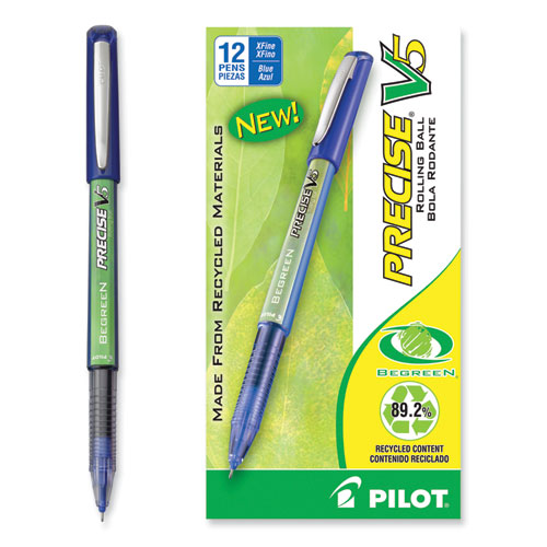 Picture of Precise V5 BeGreen Roller Ball Pen, Stick, Extra-Fine 0.5 mm, Blue Ink, Blue Barrel, Dozen