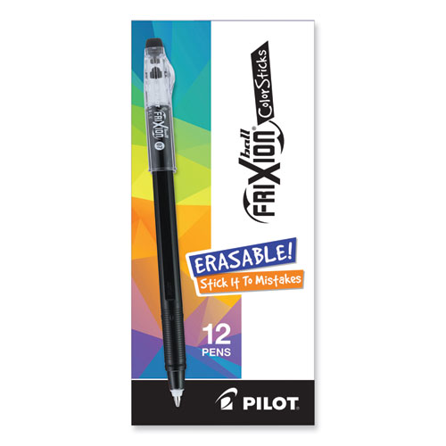 Picture of FriXion ColorSticks Erasable Gel Pen, Clipless Stick, Fine 0.7 mm, Black Ink, Black Barrel, Dozen