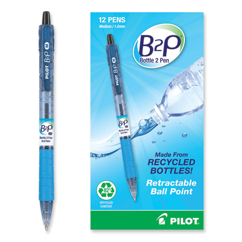 Picture of B2P Bottle-2-Pen Recycled Ballpoint Pen, Retractable, Medium 1 mm, Black Ink, Translucent Blue Barrel, Dozen