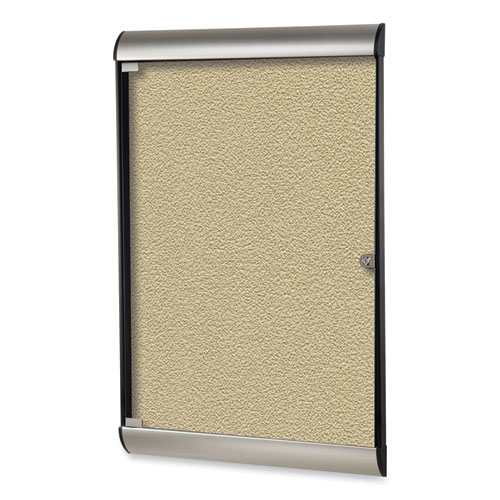 Picture of Silhouette 1 Door Enclosed Vinyl Bulletin Board, 27.75" x 42.13", Caramel Surface, Black/Satin Aluminum Frame