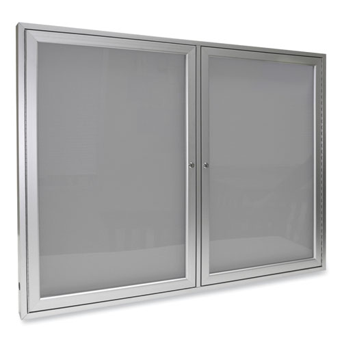 Picture of 2 Door Enclosed Vinyl Bulletin Board with Satin Frame, 60" x 36", Silver Surface, Satin Aluminum Frame