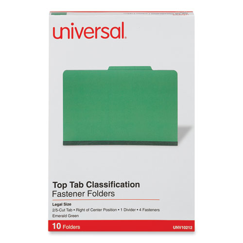 Picture of Bright Colored Pressboard Classification Folders, 2" Expansion, 1 Divider, 4 Fasteners, Legal Size, Emerald Green, 10/Box