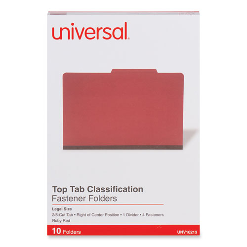 Picture of Bright Colored Pressboard Classification Folders, 2" Expansion, 1 Divider, 4 Fasteners, Legal Size, Ruby Red Exterior, 10/Box