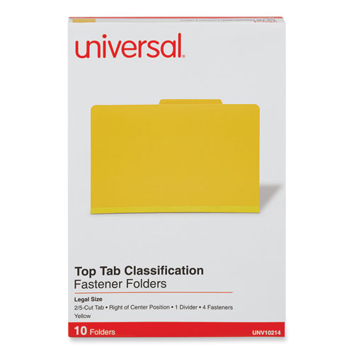 Picture of Bright Colored Pressboard Classification Folders, 2" Expansion, 1 Divider, 4 Fasteners, Legal Size, Yellow Exterior, 10/Box