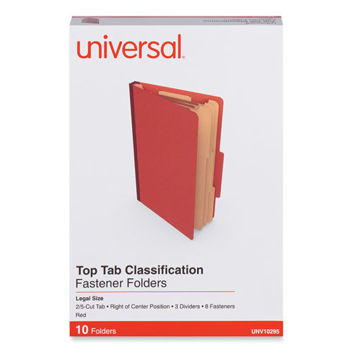 Picture of Eight-Section Pressboard Classification Folders, 3" Expansion, 3 Dividers, 8 Fasteners, Legal Size, Red Exterior, 10/Box