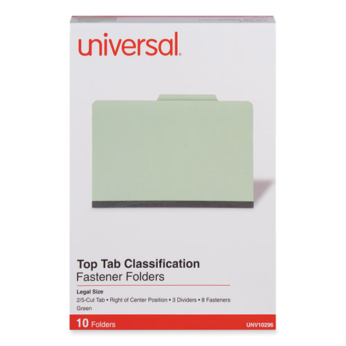 Picture of Eight-Section Pressboard Classification Folders, 3" Expansion, 3 Dividers, 8 Fasteners, Legal Size, Green Exterior, 10/Box