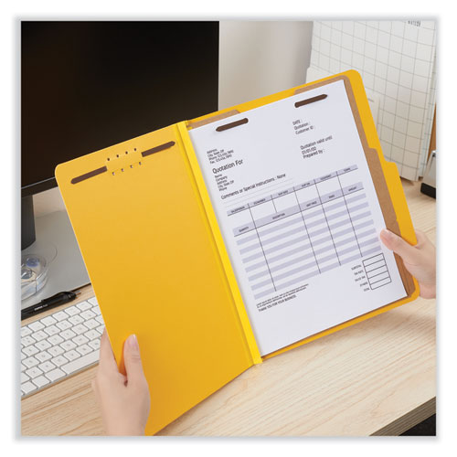 Picture of Bright Colored Pressboard Classification Folders, 2" Expansion, 2 Dividers, 6 Fasteners, Letter Size, Yellow Exterior, 10/Box