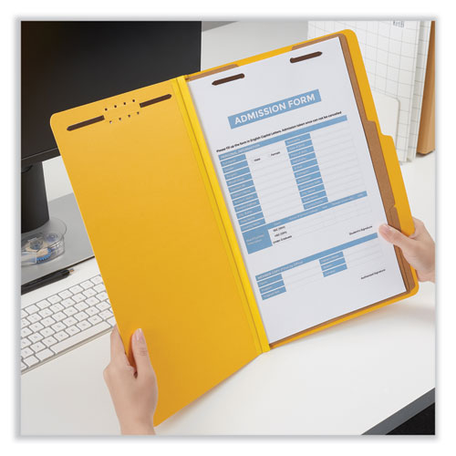 Picture of Bright Colored Pressboard Classification Folders, 2" Expansion, 2 Dividers, 6 Fasteners, Legal Size, Yellow Exterior, 10/Box