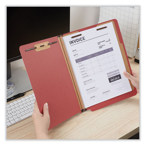 Picture of Red Pressboard End Tab Classification Folders, 2" Expansion, 2 Dividers, 6 Fasteners, Letter Size, Red Exterior, 10/Box