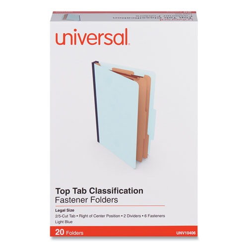 Picture of Six-Section Classification Folders, Heavy-Duty Pressboard Cover, 2 Dividers, 6 Fasteners, Legal Size, Light Blue, 20/Box