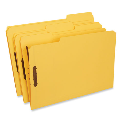 Picture of Deluxe Reinforced Top Tab Fastener Folders, 0.75" Expansion, 2 Fasteners, Legal Size, Yellow Exterior, 50/Box