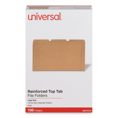 Picture of Reinforced Kraft Top Tab File Folders, 1/3-Cut Tabs: Assorted, Legal Size, 0.75" Expansion, Brown, 100/Box