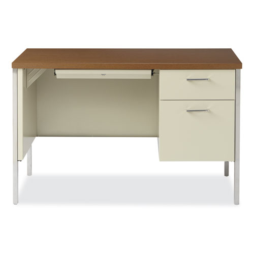 Picture of Single Pedestal Steel Desk, 45.25" x 24" x 29.5", Cherry/Putty, Chrome-Plated Legs