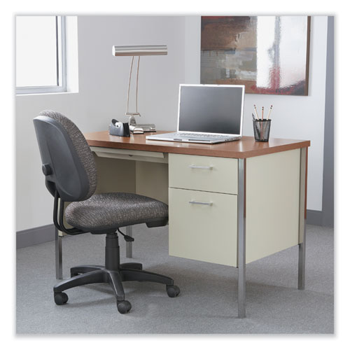 Picture of Single Pedestal Steel Desk, 45.25" x 24" x 29.5", Cherry/Putty, Chrome-Plated Legs