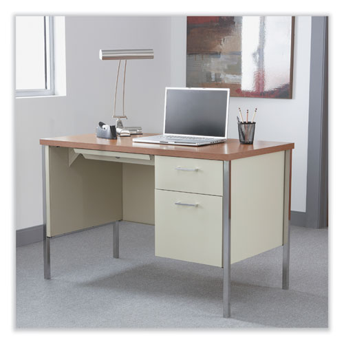 Picture of Single Pedestal Steel Desk, 45.25" x 24" x 29.5", Cherry/Putty, Chrome-Plated Legs