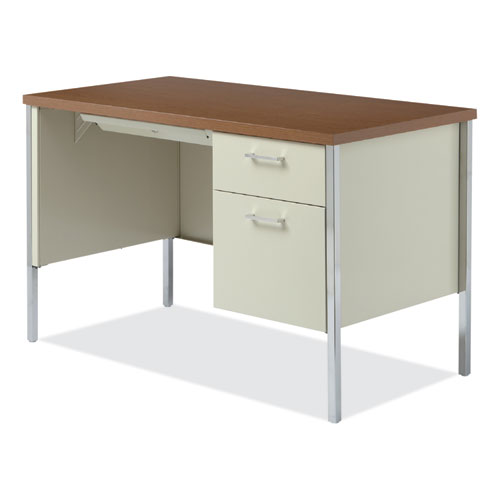 Picture of Single Pedestal Steel Desk, 45.25" x 24" x 29.5", Cherry/Putty, Chrome-Plated Legs