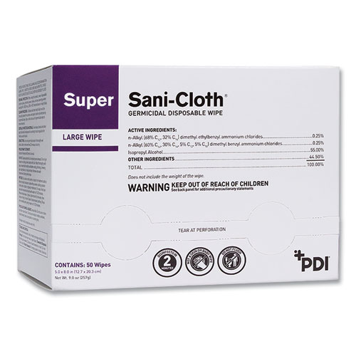 Picture of Super Sani-Cloth Individually Wrapped Germicidal Disposable Wipes, Large, 1-Ply, 5 x 8, Unscented, White, 50/Pack