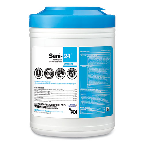 Picture of Sani-24 Germicidal Disposable Wipes, Large, 1-Ply, 6 x 6.75, Unscented, White, 160/Pack