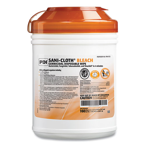 Picture of Sani-Cloth Bleach Germicidal Disposable Wipes, 1-Ply, 6 x 5, Unscented, White, 160/Canister, 12 Canisters/Carton