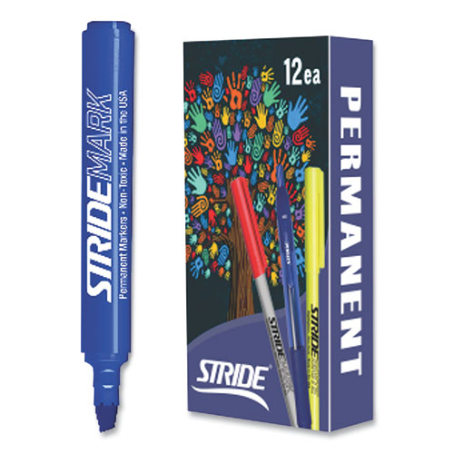 Picture of StrideMark Tank Permanent Marker, Broad Chisel Tip, Blue, 12/Pack