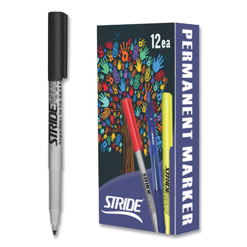 Picture of StrideMark Permanent Marker, Fine Bullet Tip, Black, 12/Box