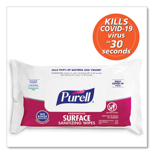 Picture of Foodservice Surface Sanitizing Wipes, 1-Ply, 7.4 x 9, Fragrance-Free, White, 72/Pouch, 12 Pouches/Carton