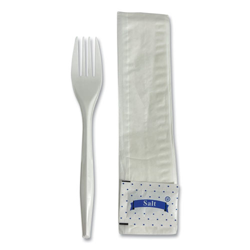 Picture of Three-Piece Utensil Set, Fork/Napkin/Salt Packet, White, 500/Carton