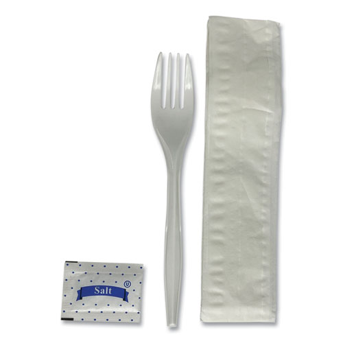 Picture of Three-Piece Utensil Set, Fork/Napkin/Salt Packet, White, 500/Carton