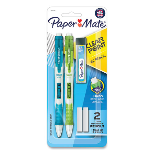 Picture of Clear Point Mechanical Pencils with Tube of Lead/Erasers, 0.7 mm, HB (#2), Black Lead, Randomly Assorted Barrel Colors, 2/PK