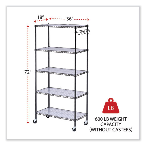 Picture of 5-Shelf Wire Shelving Kit with Casters and Shelf Liners, 36w x 18d x 72h, Black Anthracite