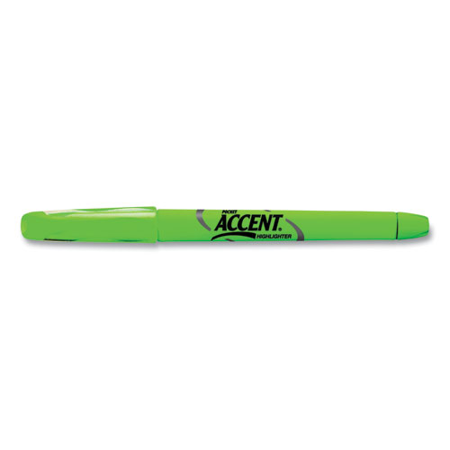 Picture of Pocket Style Highlighters, Fluorescent Green Ink, Chisel Tip, Green Barrel, Dozen