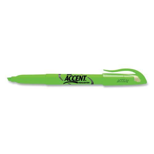 Picture of Pocket Style Highlighters, Fluorescent Green Ink, Chisel Tip, Green Barrel, Dozen