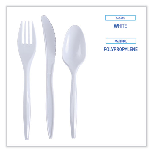Picture of Three-Piece Cutlery Kit, Fork/Knife/Teaspoon, Polypropylene, White, 250/Carton