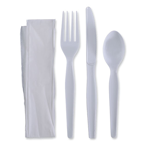 Picture of Four-Piece Cutlery Kit, Fork/Knife/Napkin/Teaspoon, Heavyweight, White, 250/Carton
