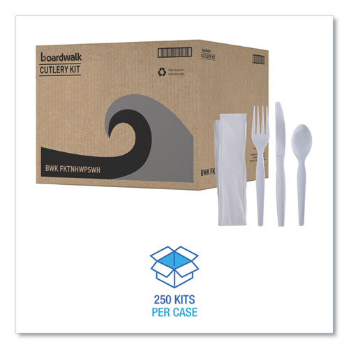 Picture of Four-Piece Cutlery Kit, Fork/Knife/Napkin/Teaspoon, Heavyweight, White, 250/Carton