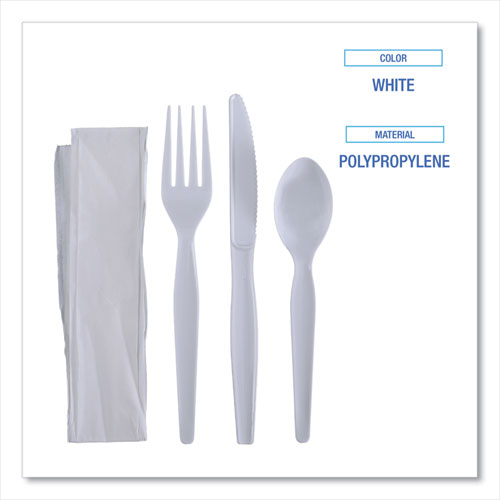 Picture of Four-Piece Cutlery Kit, Fork/Knife/Napkin/Teaspoon, Heavyweight, White, 250/Carton