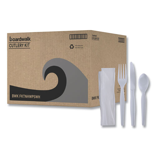 Picture of Four-Piece Cutlery Kit, Fork/Knife/Napkin/Teaspoon, Heavyweight, White, 250/Carton