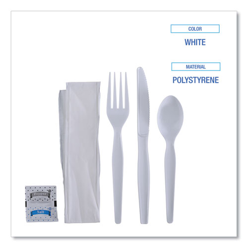 Picture of Six-Piece Cutlery Kit, Condiment/Fork/Knife/Napkin/Spoon, Heavyweight, White, 250/Carton