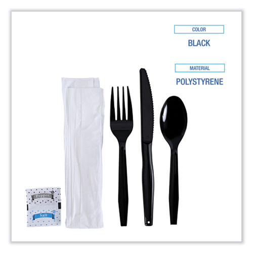 Picture of Six-Piece Cutlery Kit, Condiment/Fork/Knife/Napkin/Teaspoon, Black, 250/Carton