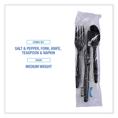 Picture of Six-Piece Cutlery Kit, Condiment/Fork/Knife/Napkin/Teaspoon, Black, 250/Carton