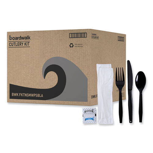 Picture of Six-Piece Cutlery Kit, Condiment/Fork/Knife/Napkin/Teaspoon, Black, 250/Carton