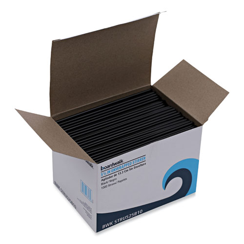 Picture of Single-Tube Stir-Straws, 5.25", Polypropylene, Black, 1,000/Pack, 10 Packs/Carton