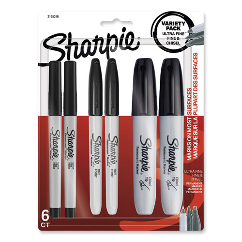 Picture of Mixed Point Size Permanent Markers, Assorted Tip Sizes/Types, Black, 6/Pack
