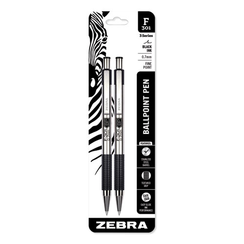 Picture of F-301 Ballpoint Pen, Retractable, Fine 0.7 mm, Black Ink, Stainless Steel/Black Barrel, 2/Pack