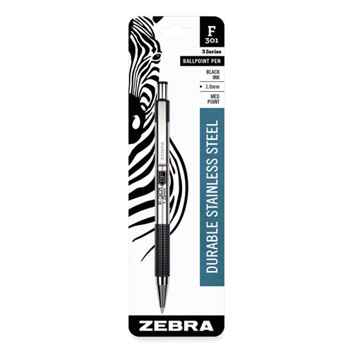 Picture of F-301 Ballpoint Pen, Retractable, Medium 1 mm, Black Ink, Stainless Steel/Black Barrel